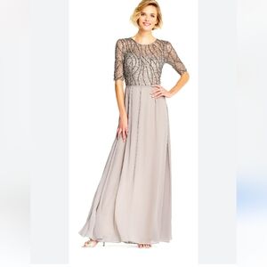 BHLDN Adrianna Papell Platinum Beaded Bodice Chiffon Formal Dress Sz 12